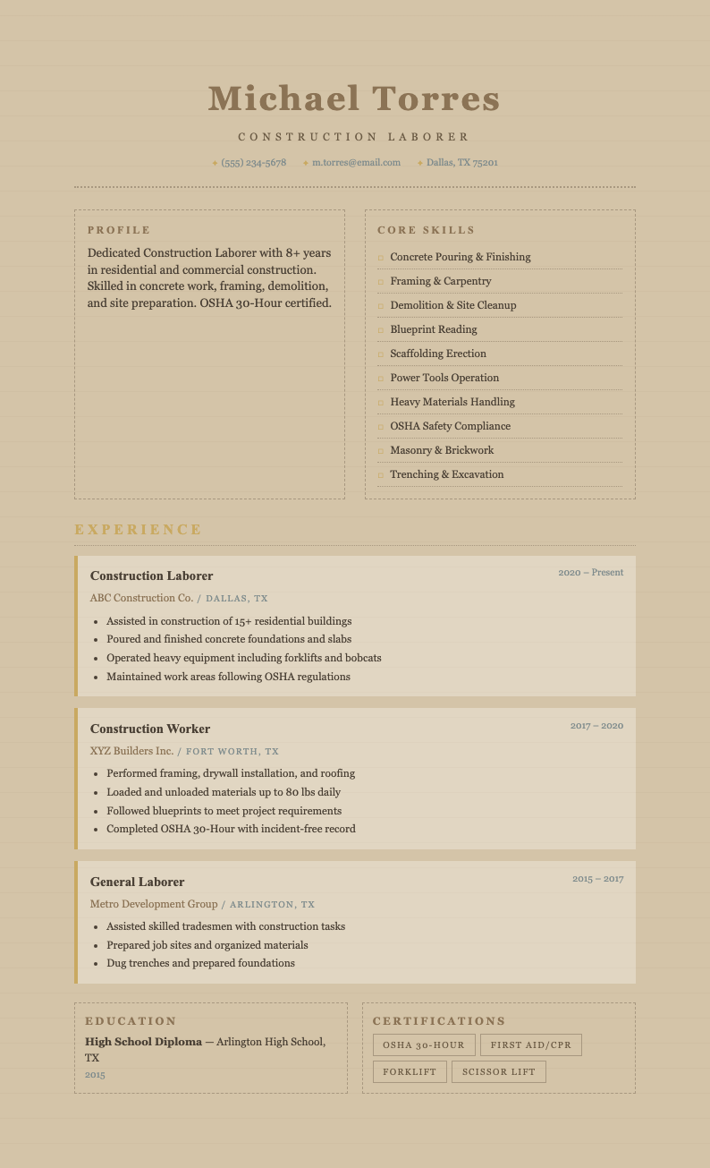 Paper Texture construction laborer resume